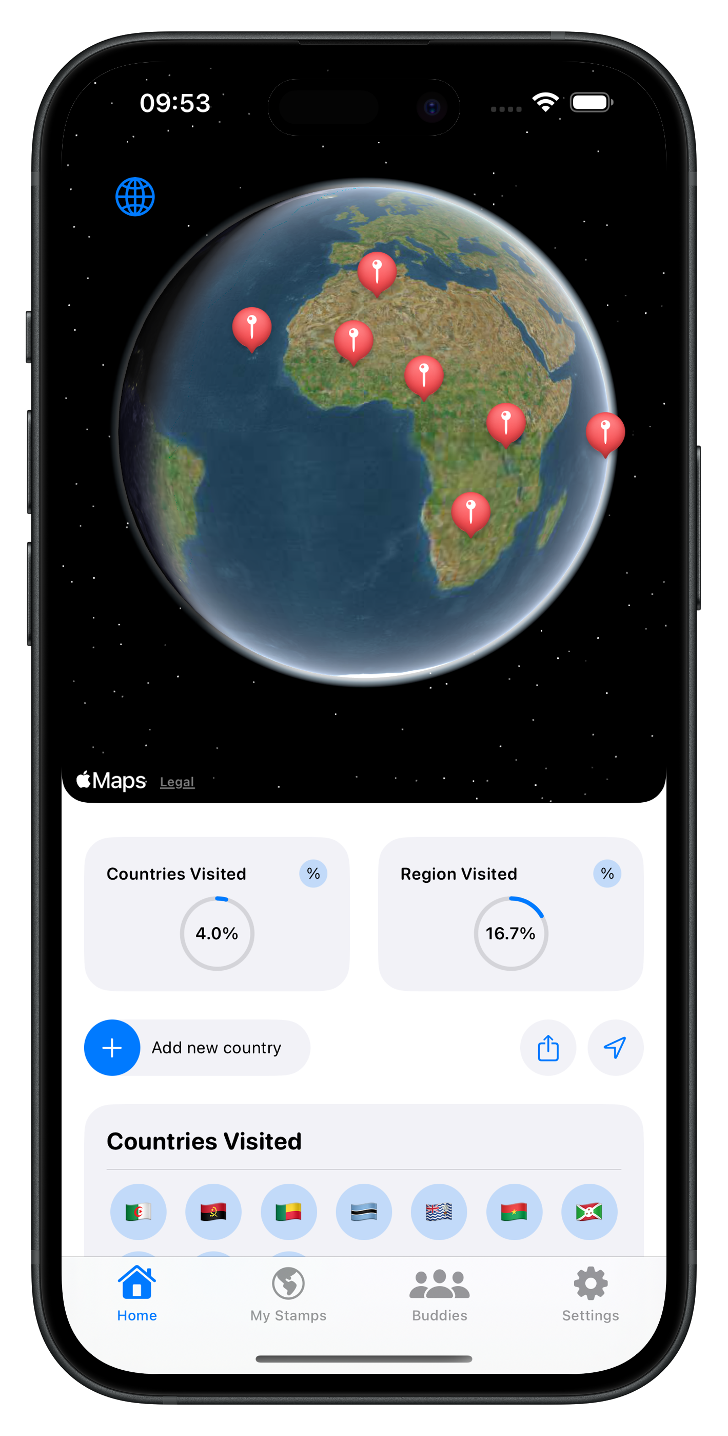 Travu app interface showing world map and countries visited